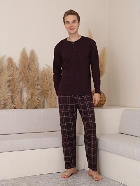 Formo Erkek %100 Doğal Pamuk Ekoseli Düğmeli Uzun Kol Kaliteli Pijama Takımı - S000500134-20042