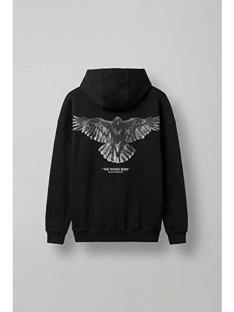 Abluka Online Unisex Oversize Raven Baskılı Premium Kapüşonlu Erkek Hoodie Siyah - S000314979-19351
