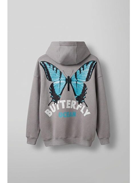 Abluka Online Unisex Oversize Butterfly Baskılı %100 Pamuk Hoodie Gri - S000113013-20600