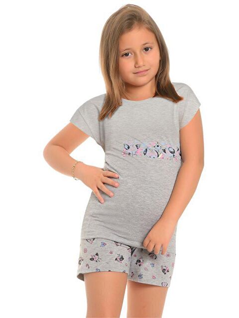 Little Frog Kids Pamuklu Kısa Kollu Desenli Şortlu Kız Çocuk Pijama Takım - S000074075-20600