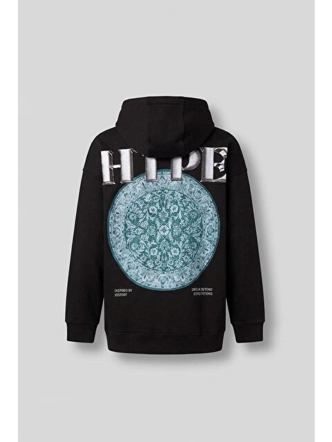 Abluka Online Oversize Hype Baskılı Premium Kapüşonlu Erkek Hoodie Siyah - S000314982-19351
