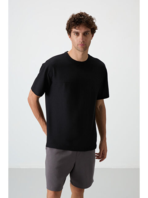 Air Jones Siyah Waffle İnterlok Yüzeyi Dokulu  Fit Basic Erkek Tişört - 88380 - S000160690-19351