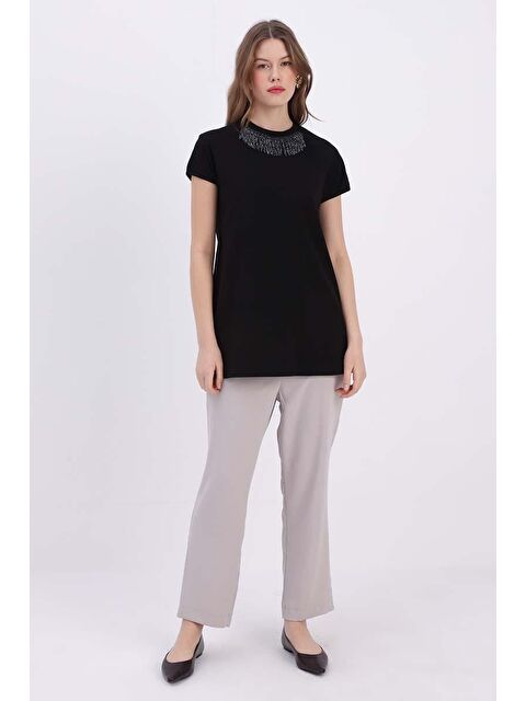 ALLDAY Siyah Pamuklu Püskül Detaylı Kısa Kollu Tişört - S000185587-19351