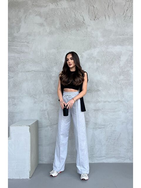 Mmetalic Kadın Mevsimlik Salaş Geniş Paça Yüksek Bel Gri Eşofman Altı - S000339323-20600