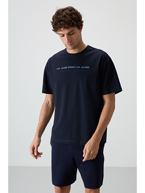 Air Jones Lacivert Pamuklu Kalın Yüzeyi Dokulu  Fit  Baskılı Erkek Tişört - 88371 - S000160622-21164