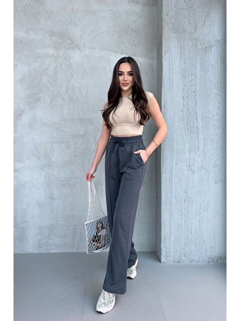 Mmetalic Kadın Mevsimlik Salaş Geniş Paça Yüksek Bel Antrasit Eşofman Altı - S000339323-29666