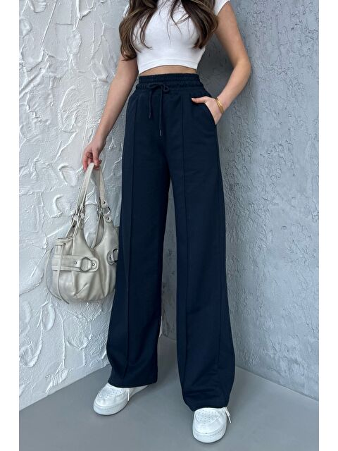 Mmetalic Kadın Mevsimlik Salaş Geniş Paça Yüksek Bel Lacivert Eşofman Altı - S000339323-21164