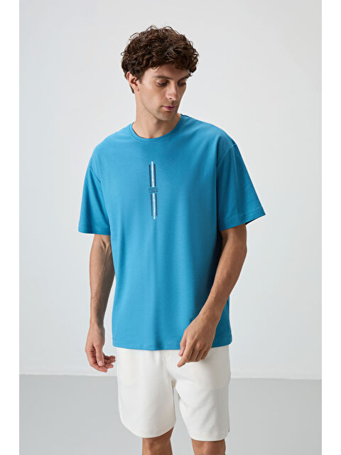 Air Jones Petrol Mavi Pamuklu Kalın Yüzeyi Dokulu  Fit  Baskılı Erkek Tişört - 88366 - S000160658-20019