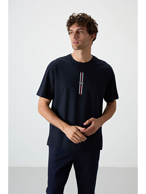 Air Jones Lacivert Pamuklu Kalın Yüzeyi Dokulu  Fit  Baskılı Erkek Tişört - 88366 - S000160658-21164