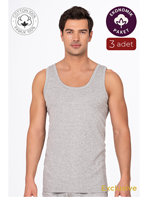 Kompedan 3'Lü Paket Pamuklu Ribana Kalın Askılı Erkek %100 Pamuk Atlet | Gri Melanj K0113 - S000434308-74