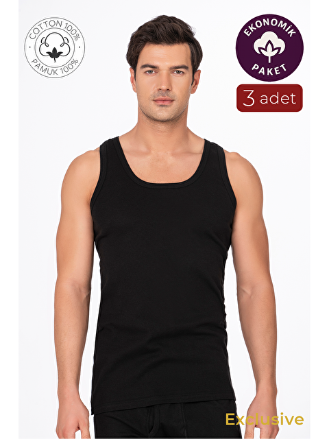 Kompedan 3'Lü Paket Pamuklu Ribana Kalın Askılı Erkek %100 Pamuk Atlet | Siyah K0113 - S000434308-19351