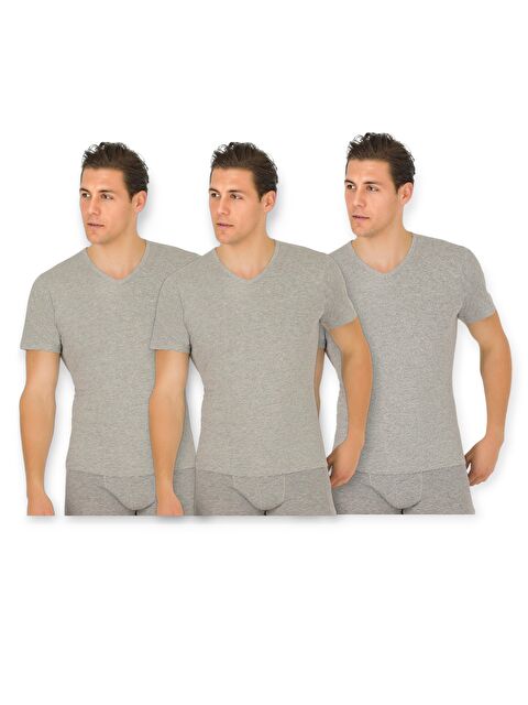 Güneş Gri V Yaka Kısa Kollu Erkek %100 Pamuk Atlet 3'lü - S000324307-74