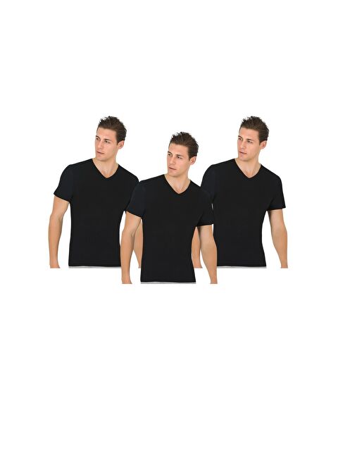 Güneş Siyah V Yaka Kısa Kollu Erkek %100 Pamuk Fanila 3'lü - S000312033-14430