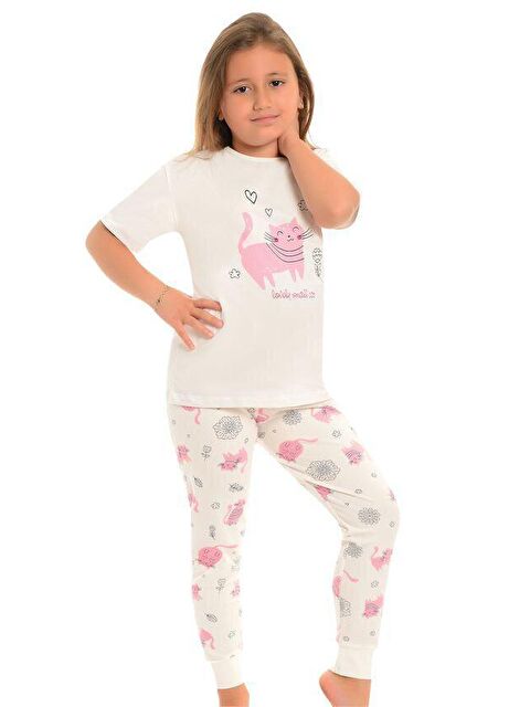 Little Frog Kids Pamuklu Kısa Kollu Desenli Paça Bantlı Kız Çocuk Pijama Takım - S000074089-19965