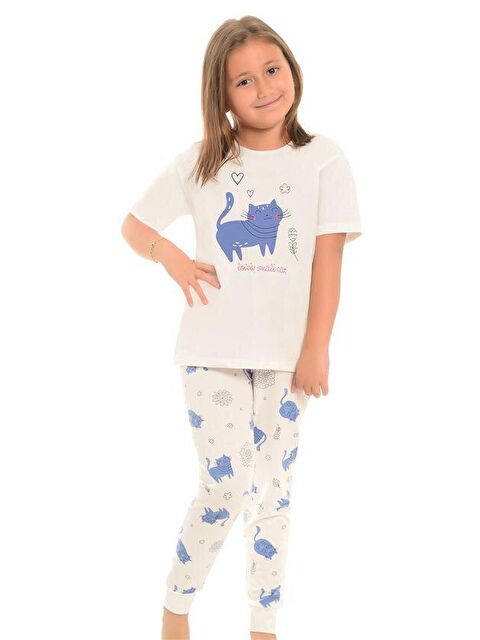 Little Frog Kids Pamuklu Kısa Kollu Desenli Paça Bantlı Kız Çocuk Pijama Takım - S000074089-37263
