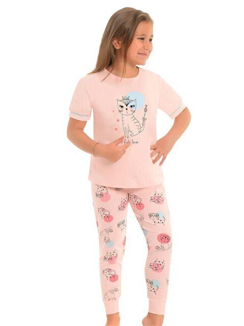 Little Frog Kids Pamuklu Kısa Kollu Desenli Paça Bantlı Kız Çocuk Pijama Takım - S000074092-17605