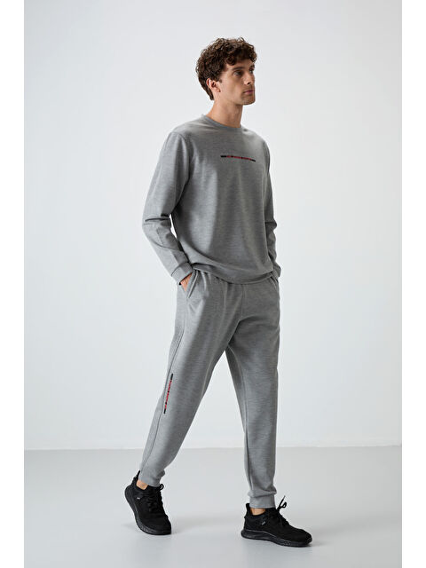 Air Jones Gri Melanj Pamuklu Kalın Yumuşak Dokulu Comfort Fit Baskılı Erkek Eşofman Takım - 85239 - S000330266-74