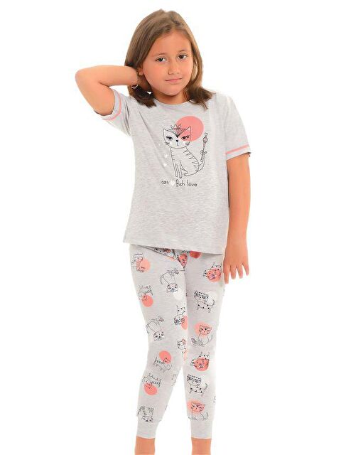 Little Frog Kids Pamuklu Kısa Kollu Desenli Paça Bantlı Kız Çocuk Pijama Takım - S000074092-20600