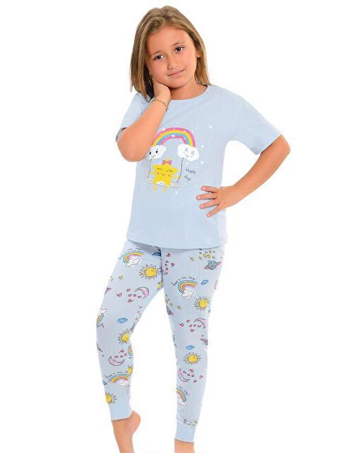 Little Frog Kids Pamuklu Kısa Kollu Desenli Paça Bantlı Kız Çocuk Pijama Takım - S000074093-17234