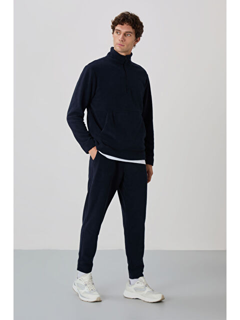 Air Jones Lacivert Yarım Fermuarlı Dik Yaka Kanguru Cep Detaylı Polar Erkek Eşofman Takım - 85226 - S000080428-21164