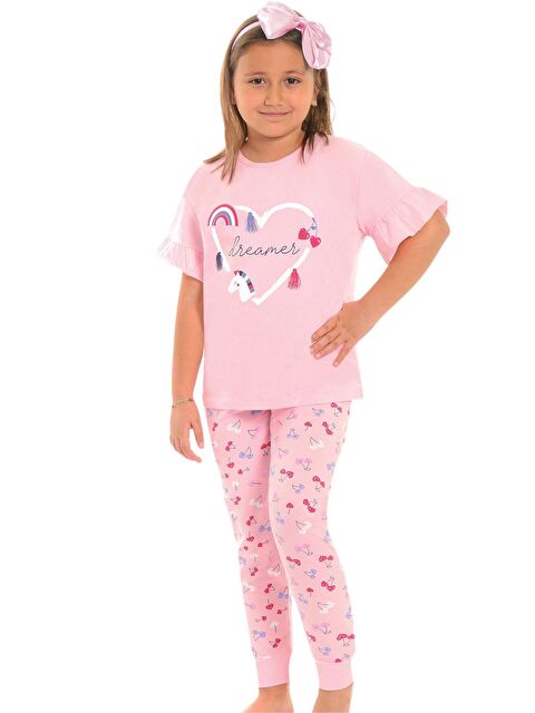Little Frog Kids Pamuklu Kısa Kollu Desenli Paça Bantlı Kız Çocuk Pijama Takım - S000074096-20024