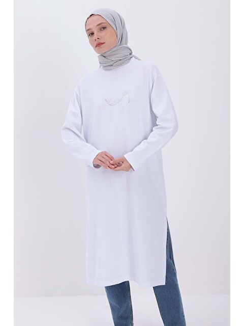 ALLDAY Beyaz Pamuklu Yandan Yırtmaçlı Varak Baskılı Tunik - S000191745-20063