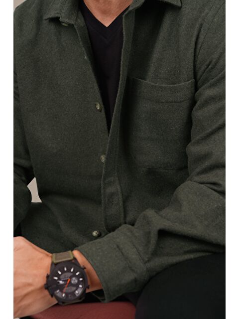 Etikmen Haki Düz Oversize (Geniş Kalıp) Kalın Oduncu Erkek Gömlek - S000121511-18547