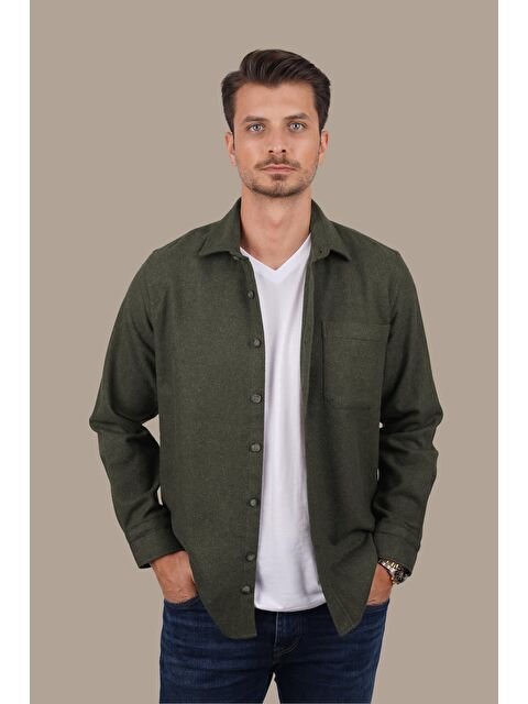 Etikmen Haki Düz Oversize (Geniş Kalıp) Kalın Oduncu Erkek Gömlek - S000121511-18547