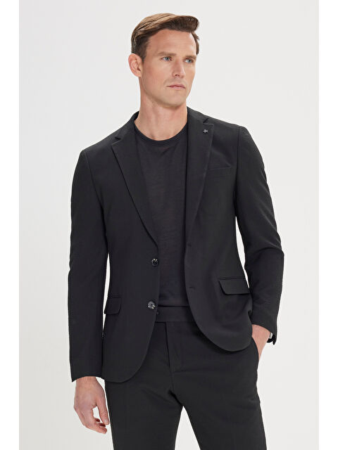 Altınyıldız Classics Erkek Siyah Slim Fit Dar Kesim Mono Yaka Gofre Desenli Takım Elbise - S000422876-19351