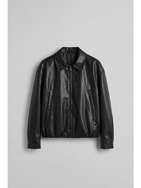 Abluka Online Erkek Oversize Fermuarlı Basic Deri Ceket Siyah - S000481747-19351