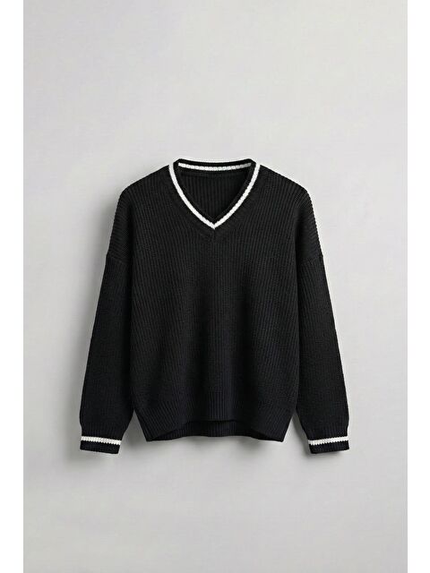 Abluka Online Erkek V Yaka Oversize Kontrast Detaylı %100 Pamuk Kazak Siyah - S000446675-19351