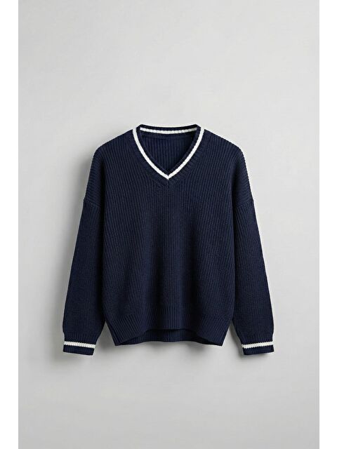 Abluka Online Erkek V Yaka Oversize Kontrast Detaylı %100 Pamuk Kazak Lacivert - S000446675-21164