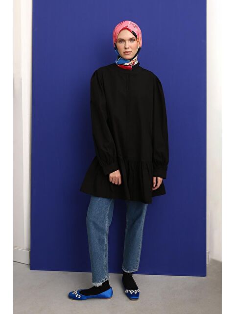 ALLDAY Siyah Nervürlü Yakasız Pamuklu Tunik - S000020074-19351