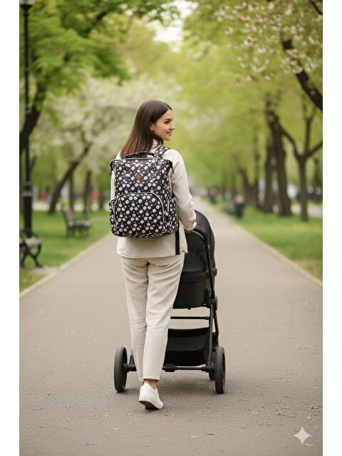 Cansın Mini Siyah Çiçek Desenli Çok Fonksiyonlu Anne Bebek Bakım Çantası 19712 - S000303262-19351
