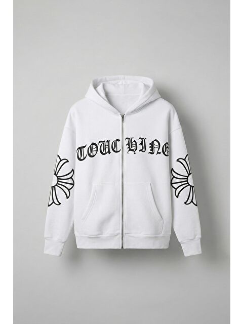 Abluka Online Unisex Oversize Baskılı Kanguru Cepli  Erkek Fermuarlı Sweatshirt Hırka Beyaz - S000296381-20063