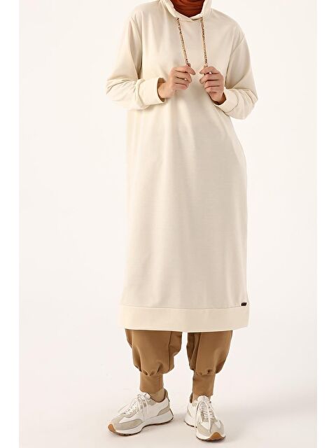ALLDAY Ekru-Leopar Bağcıklı Kapüşonlu Rahat Tunik - S000019969-19965