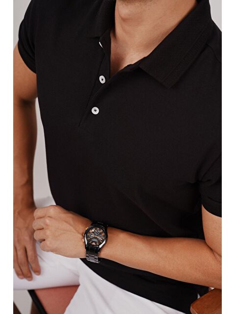 Etikmen Siyah Yaka Desenli Erkek Polo Yaka %100 Pamuk Tişört - S000236678-19351