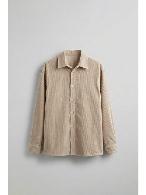 Abluka Online Erkek Oversize Kadife Dokulu Uzun Kollu Gömlek Taş Rengi - S000491664-25636