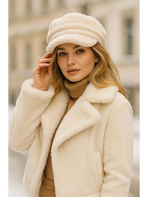 Luminos Butik Kadın Bej Pelüş Kaptan-denizci Şapka Spk1128 - S000250396-19928