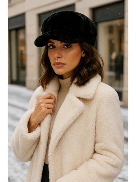 Luminos Butik Kadın Siyah Pelüş Kaptan-denizci Şapka Spk1128 - S000250396-19351