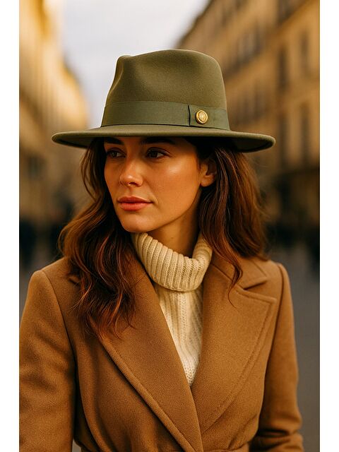 Luminos Butik Trendy Fötr Şapka Haki Bant Detaylı Dekoratif Aksesuar Unisex Ve Rahat Tasarım Spk1145 - S000277481-18547