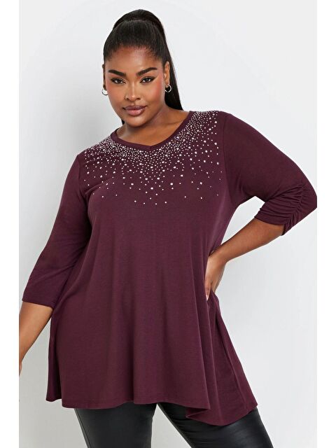 Stil Diva Büyük Beden V Yakası Taş İşlemeli Kolları Büzgülü Bluz 322227 - S000297085-20042