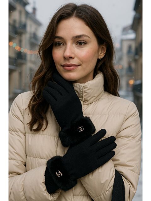 Luminos Butik Kadın Bileği Kürklü Dokunmatik Siyah Eldiven ELD29 - S000293801-19351