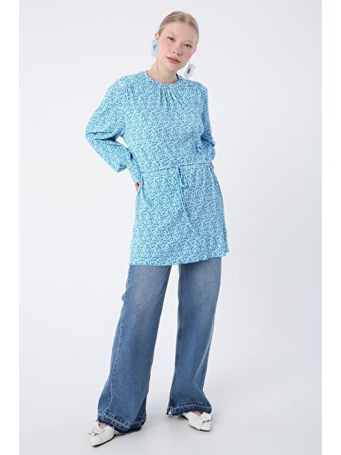 ALLDAY Mavi-Beyaz Desenli Biye Kemerli Rahat Piliseli Tunik - S000027180-37368