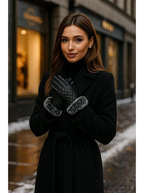 Luminos Butik Kadın Deri Kapitone Kürk Detaylı Siyah Eldiven Eld12 - S000289504-19351