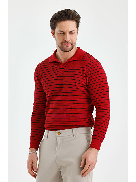 Tarz Cool Erkek Patlı Slim Fit Çizgi Detaylı Uzun Kollu Polo Yaka Triko Kazak - S000314968-20045