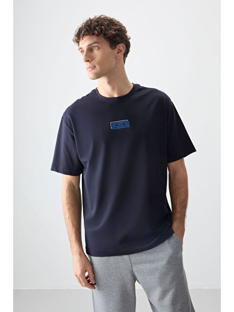 Air Jones Lacivert Pamuklu Kalın Yumuşak Dokulu Oversize Fit Baskılı Erkek Tişört - 88376 - S000160611-21164