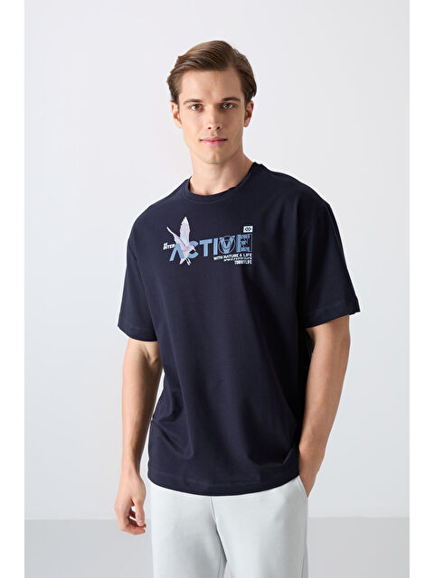 Tommylife Lacivert Pamuklu Kalın Yumuşak Dokulu Oversize Fit Baskılı Erkek Tişört - 88344 - S000157075-21164