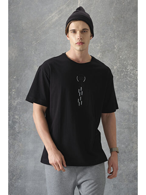 Air Jones Siyah %100 Pamuk Kalın Yumuşak Dokulu Oversize Fit Baskılı Erkek Tişört - 88355 - S000149632-19351