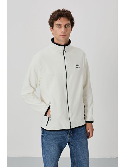 Tommylife Ekru Yazı Nakışlı Dik Yaka  Standart Kalıp Erkek Fermuarlı Sweatshirt Polar - 87992 - S000043612-19965
